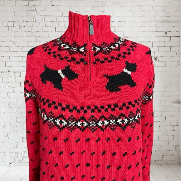 Vtg Coldwater Creek Scotty Dog Sweater Sz L Red Black Fair Isle Nordic 1/4" Zip - Picture 7 of 8